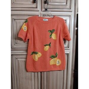 The Quacker Factory Lemon Embroidered Orange Knit Short Sleeve‎ -  Shirt Small